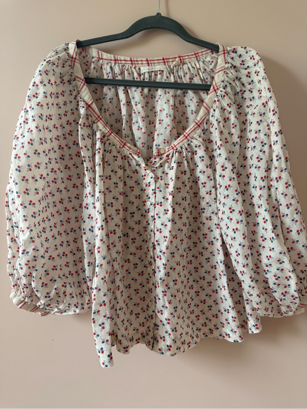 Doen Cream Peasant Blouse with Red & Blue Floral Print
